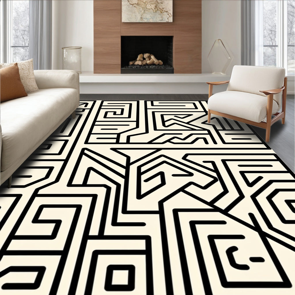 Black Geometric Maze Ivory Abstract Rug