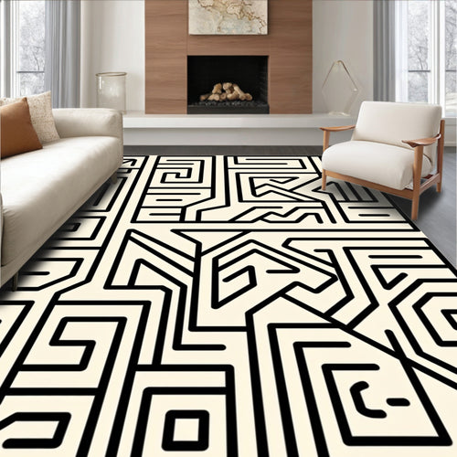 Black Geometric Maze Ivory Abstract Rug