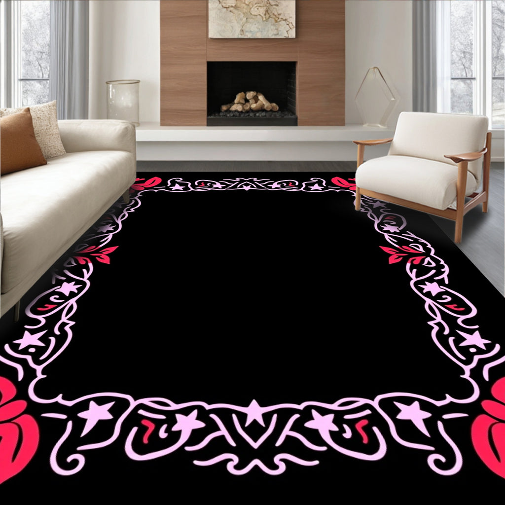 Crimson Pink Floral Star Scroll Frame Rug