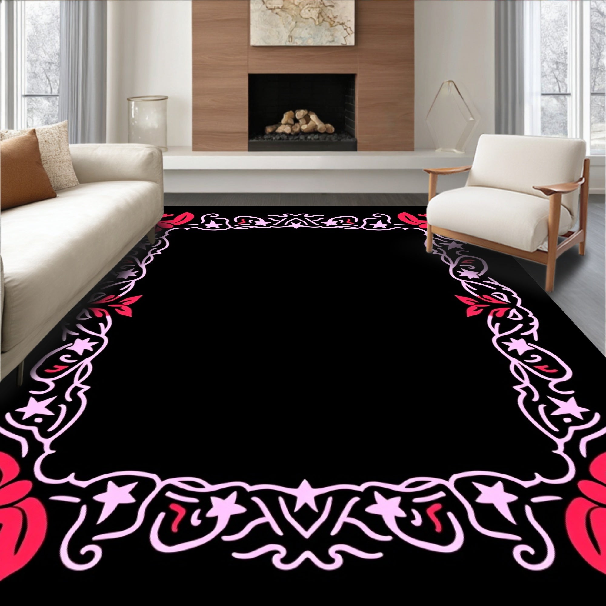 Crimson Pink Floral Star Scroll Frame Rug