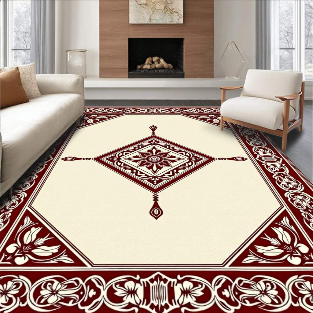 Deep Red Floral Centerpiece Boundary Rug