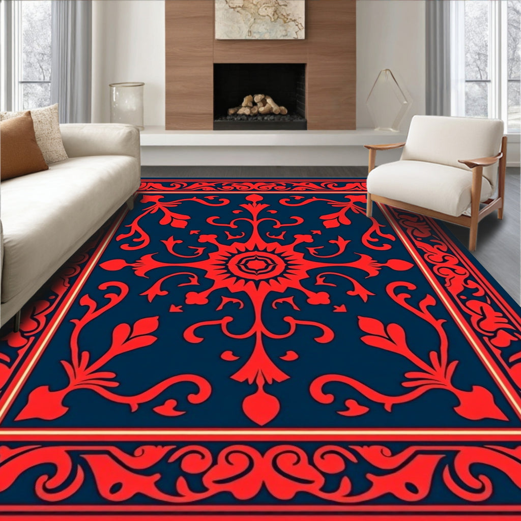 Crimson Scarlet Floral Medallion Navy Rug