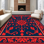 Crimson Scarlet Floral Medallion Navy Rug