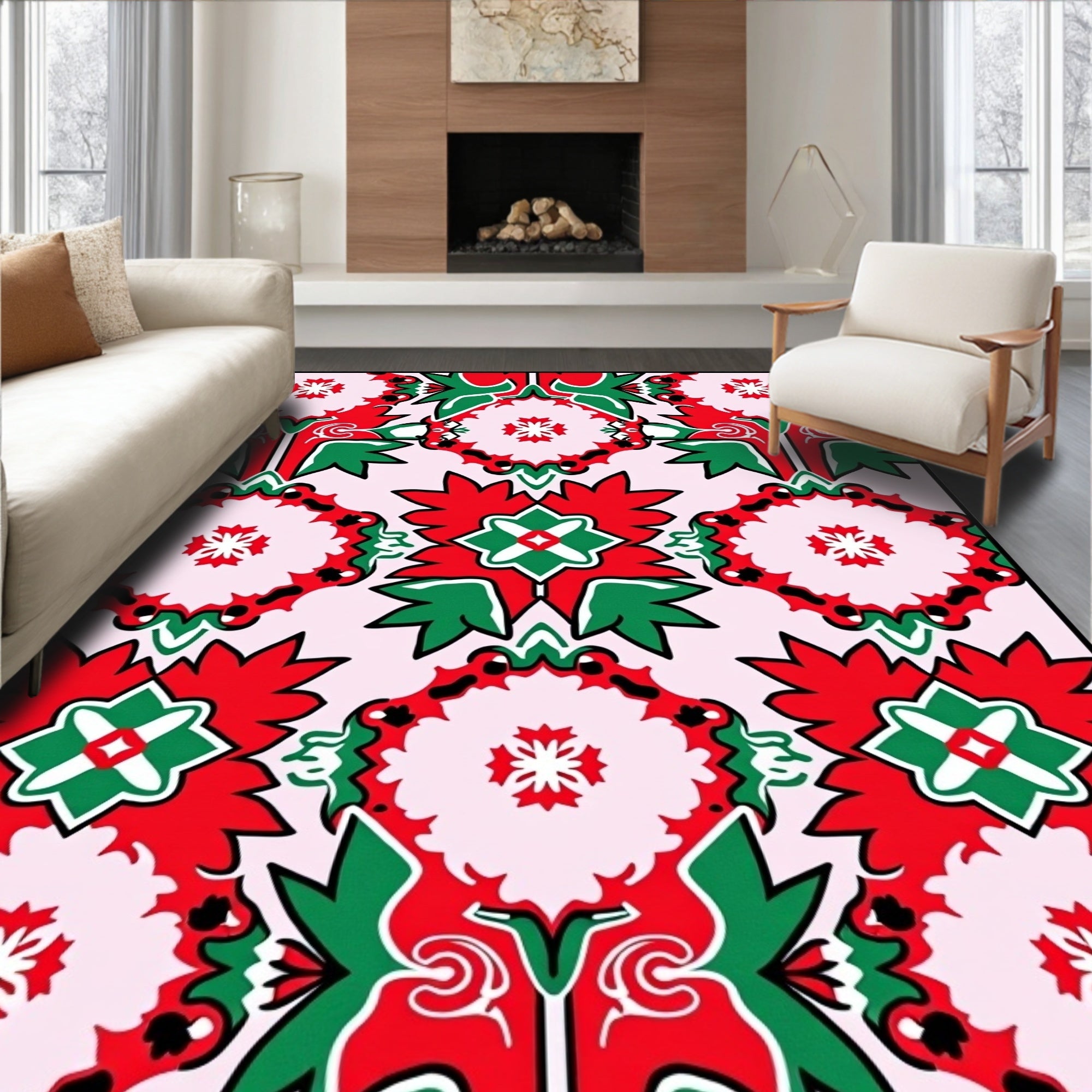 Red Green Floral Medallion Repeat Rug