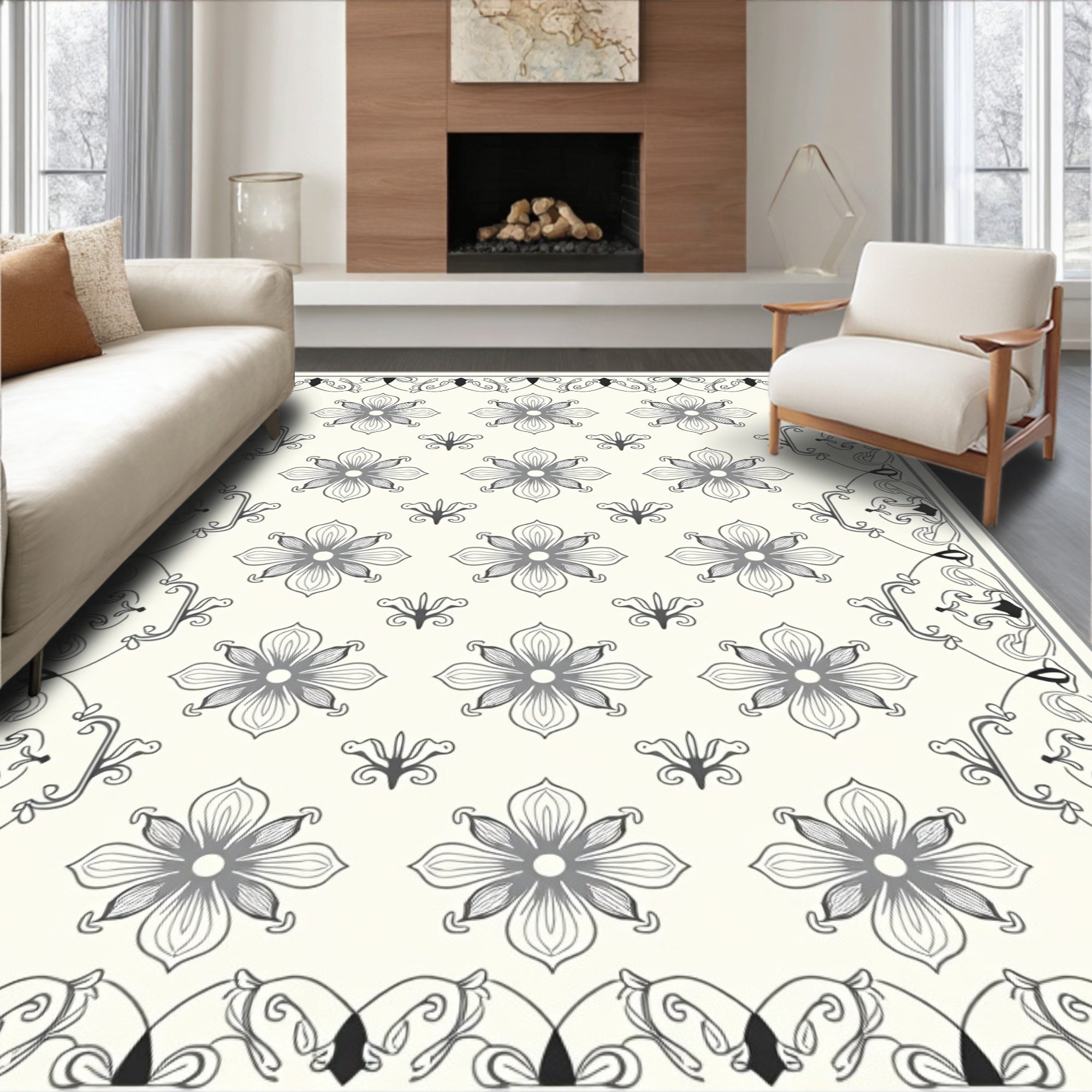 Elegant Grey Floral Bordered Cream Rug