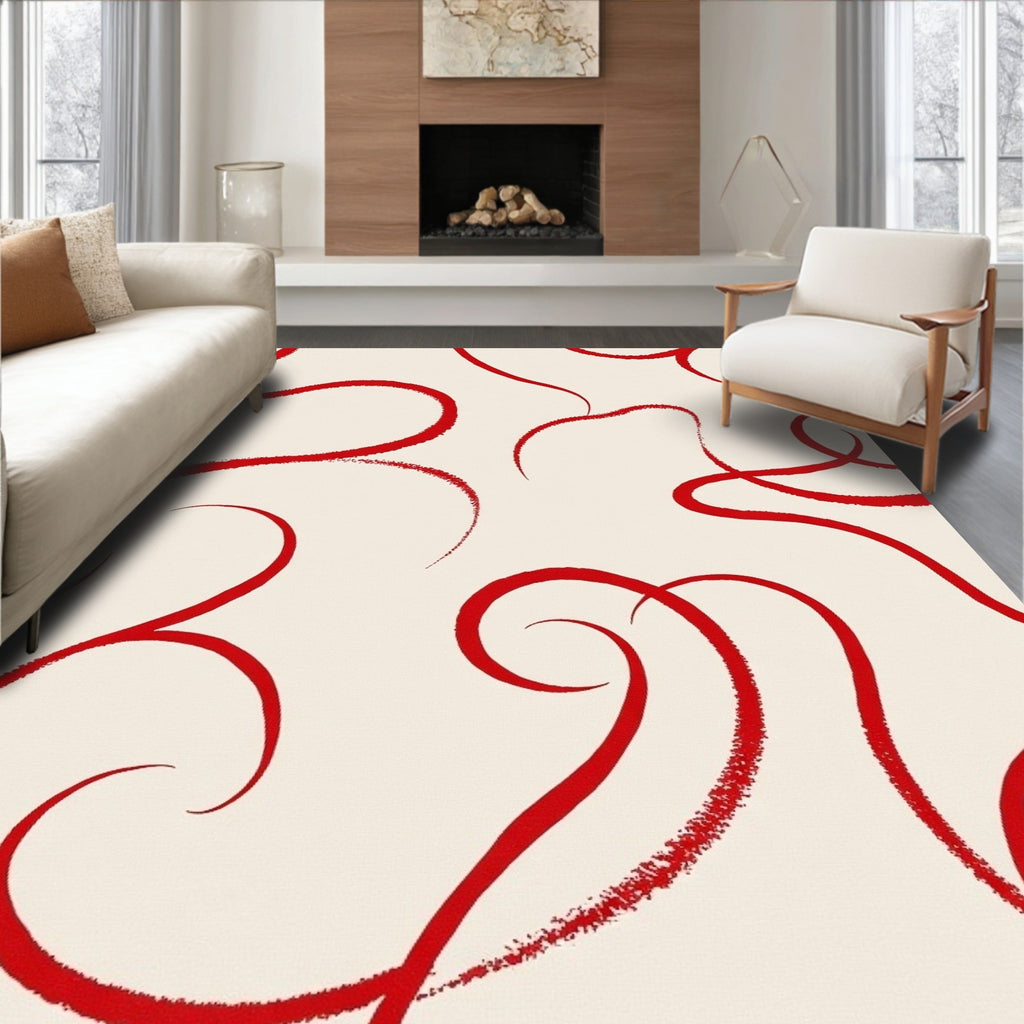Crimson Swirls on Cream Background Rug