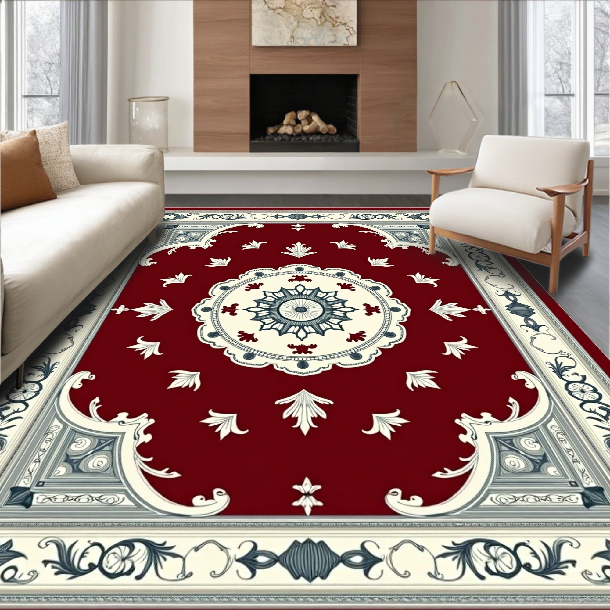 Rich Crimson Elaborate Medallion Border Rug