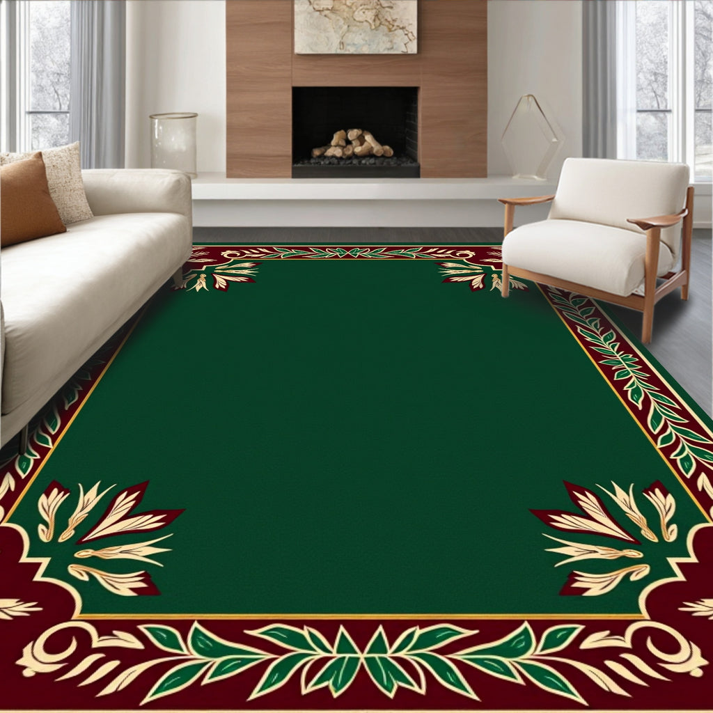 Emerald Green Botanical Floral Border Rug