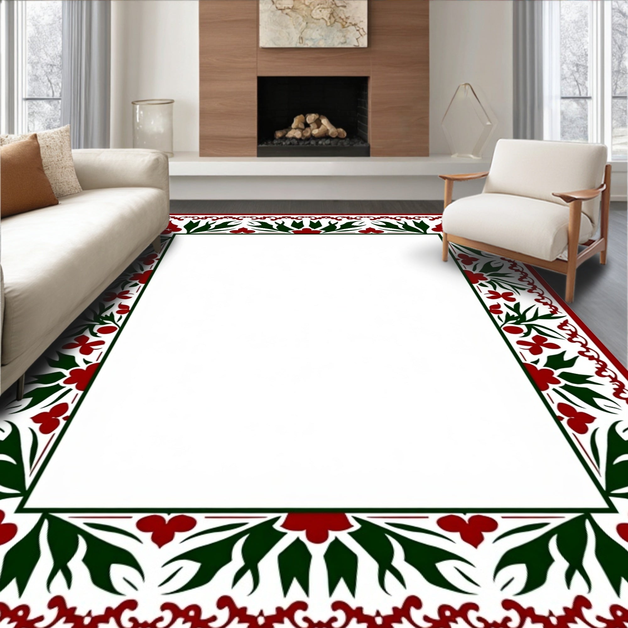 Crimson Green Floral Border Accent Rug