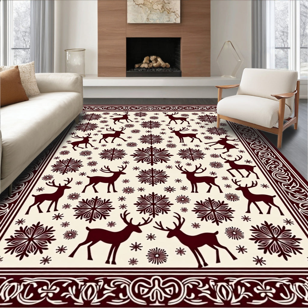 Maroon Deer Snowflake Folk Art Rug