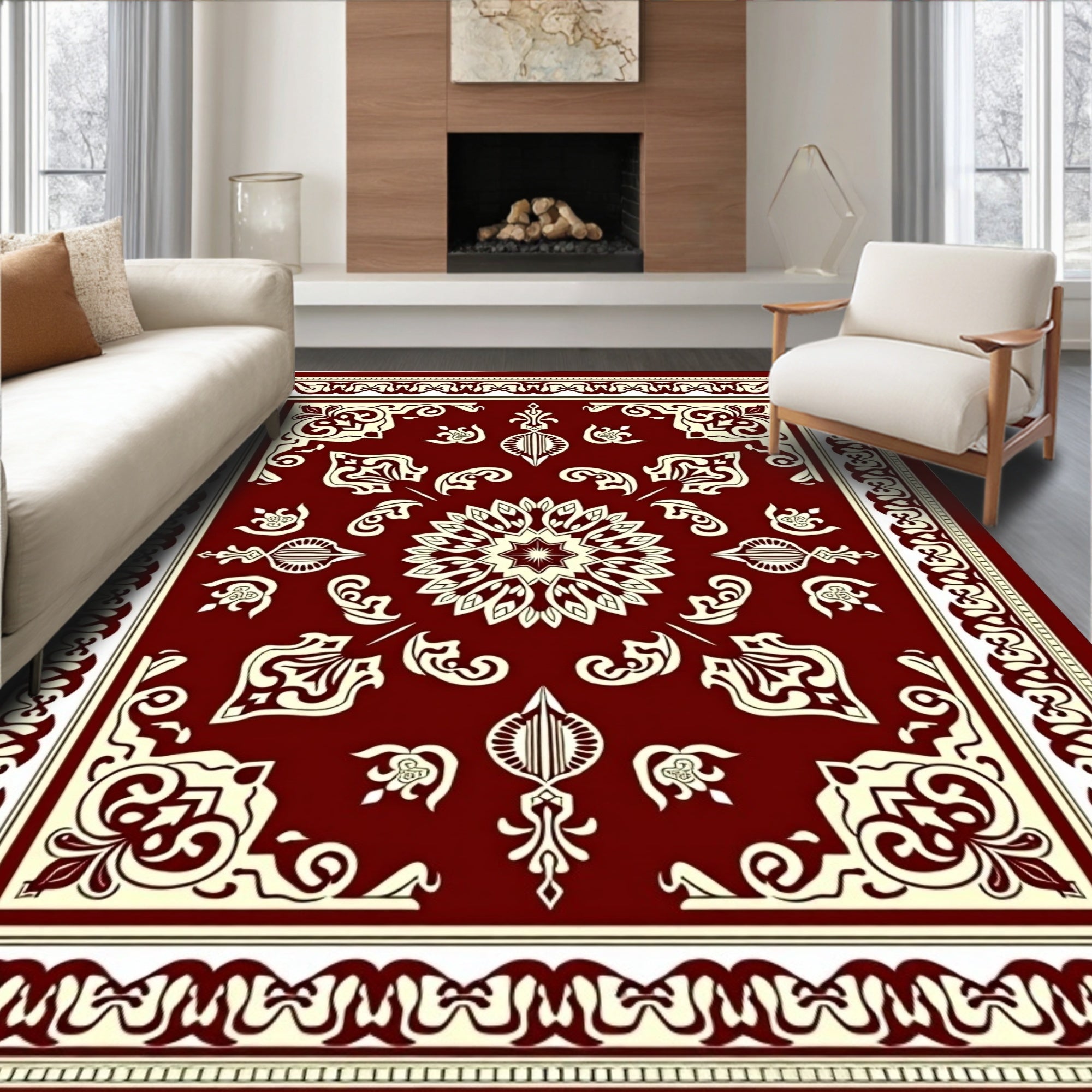 Crimson Cream Floral Medallion Border Rug