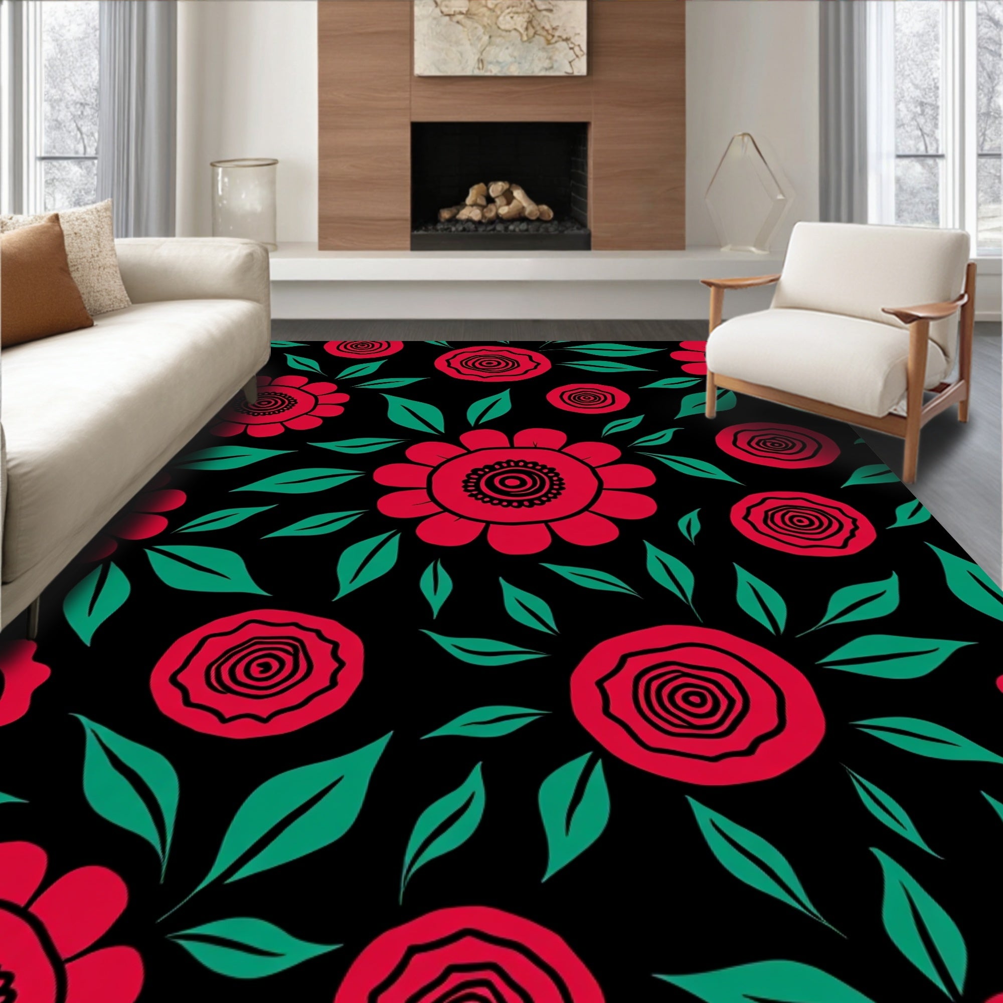 Bold Scarlet Floral Garden Rug