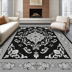Ornate Black White Medallion Scroll Rug
