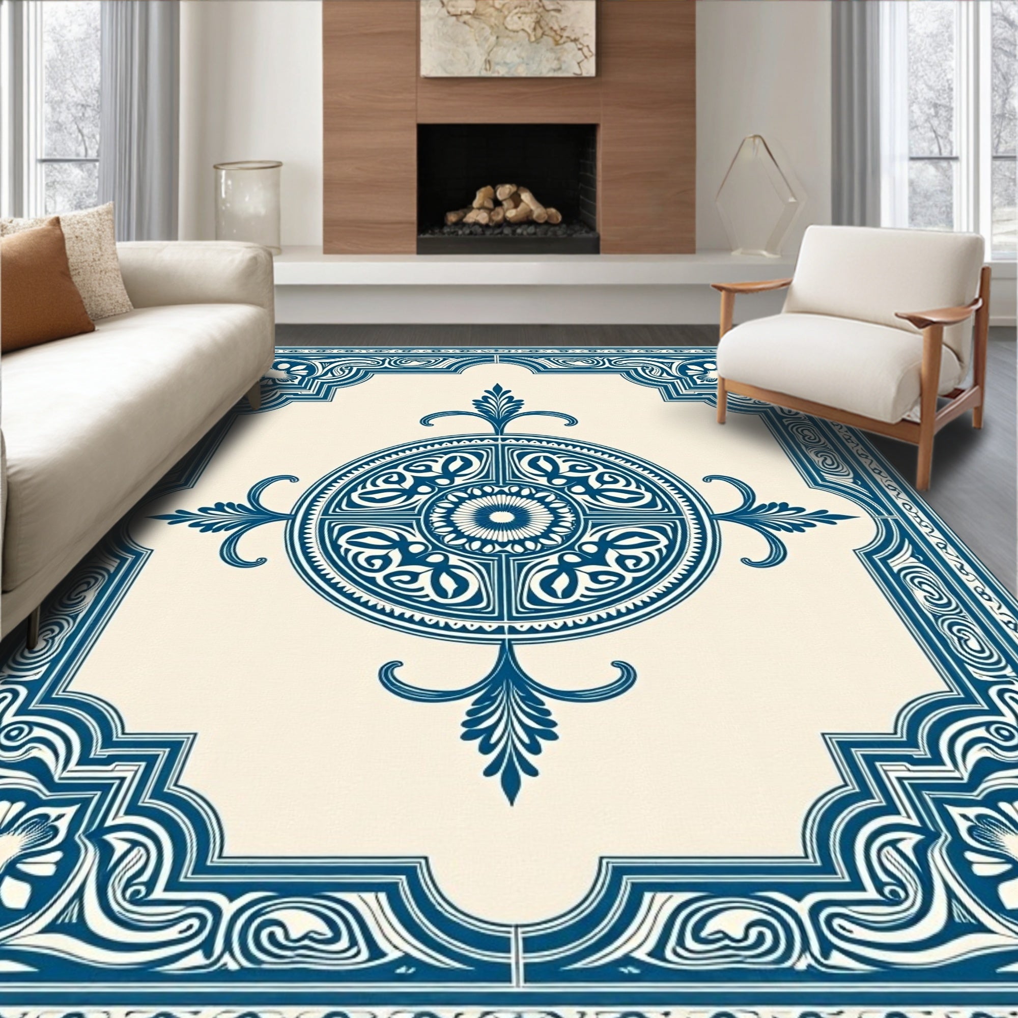 Navajo Blue Medallion Scroll Frame Rug