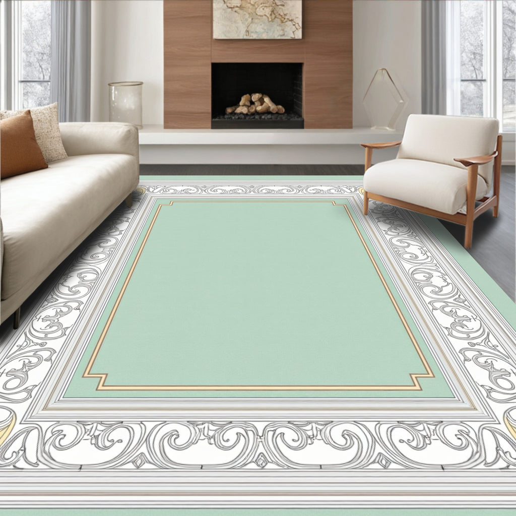 Classic White Floral Swirl Frame Rug