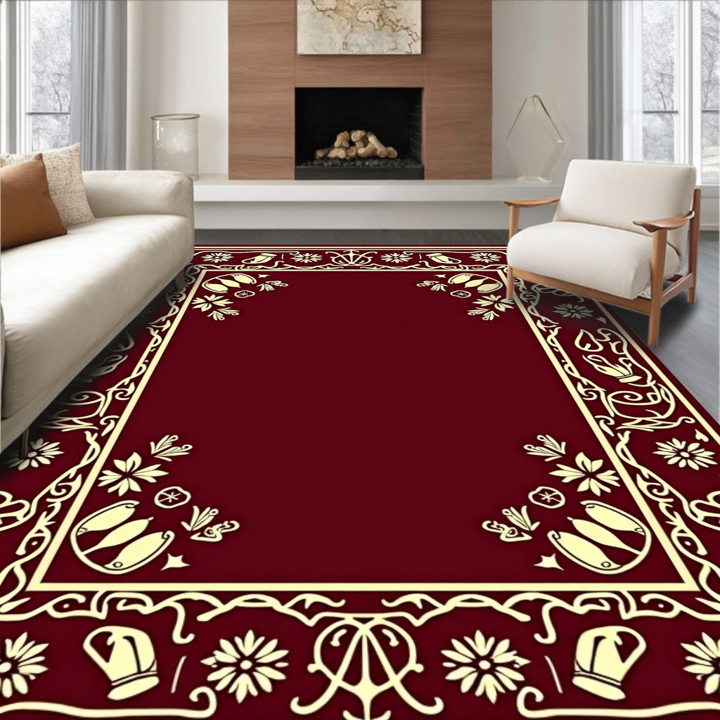 Crimson Cream Floral Bordered Frame Rug