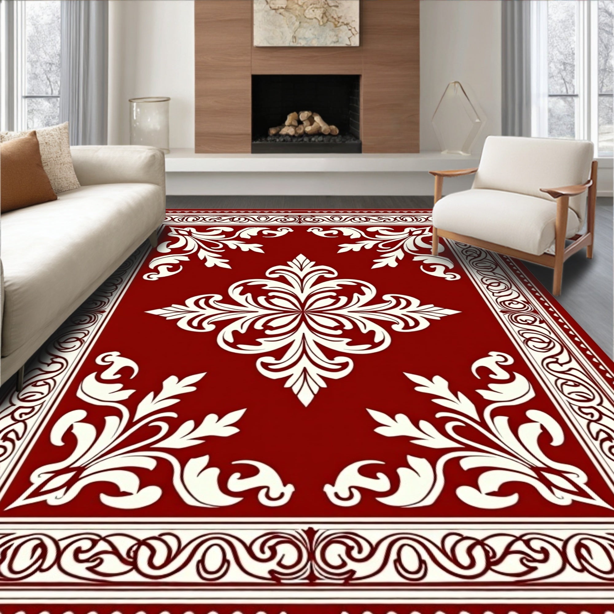 Rich Scarlet Botanical Scrollwork Rug
