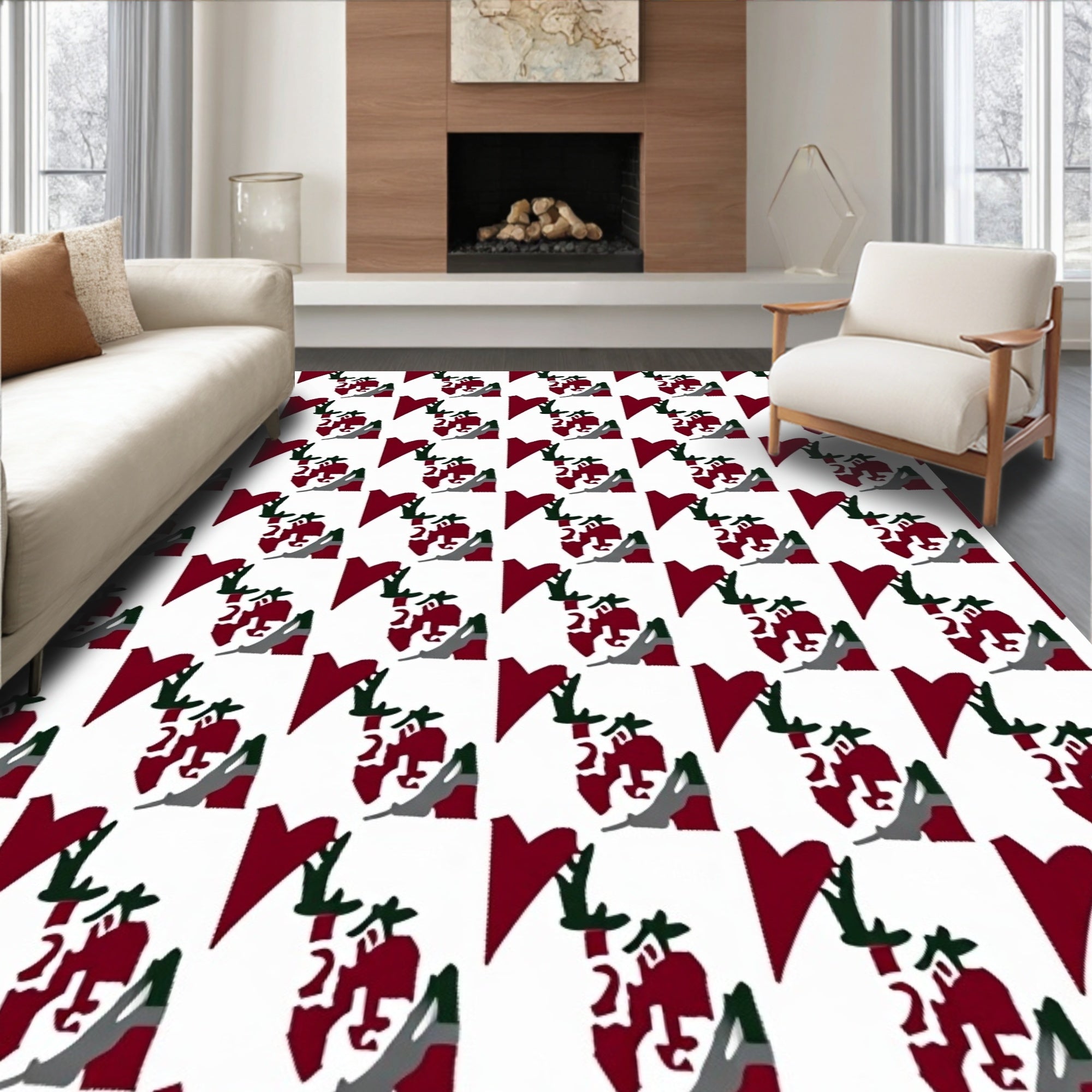 Crimson White Abstract Geometric Rug