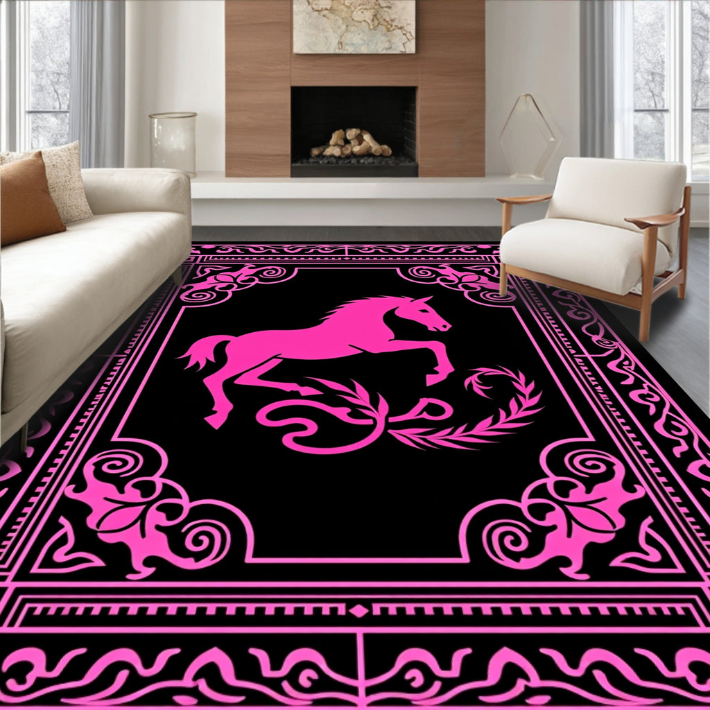 Vibrant Pink Horse Ornate FrameRug Rug