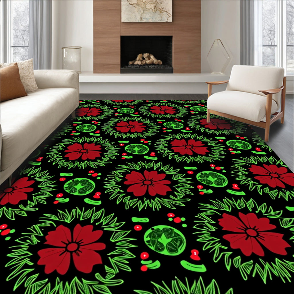 Crimson Red Floral Green Garland Rug