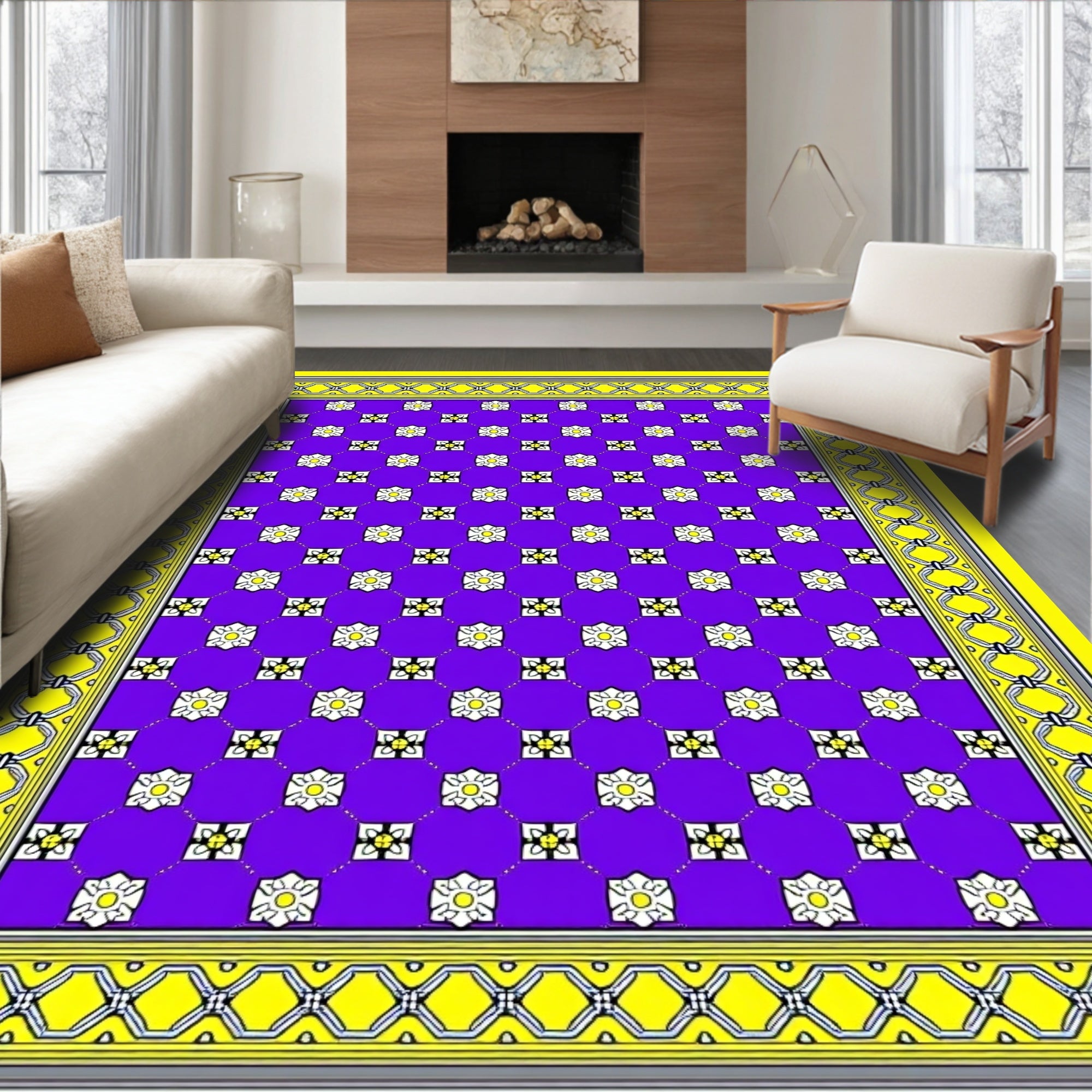 Vibrant Purple Floral Chain Border Rug