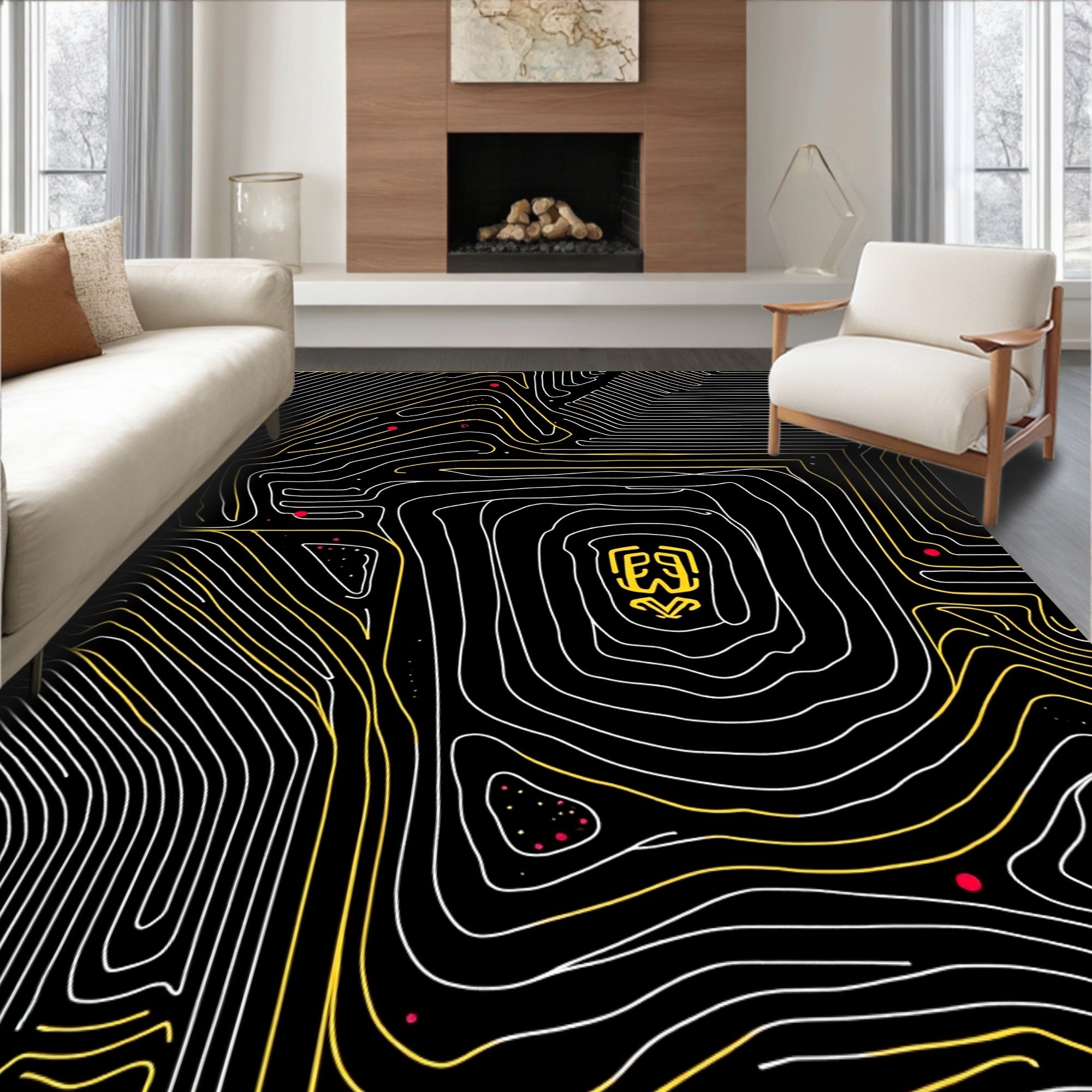 Black White Yellow Topographic Lines Rug