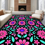 Vibrant Pink Floral Black Ground Rug