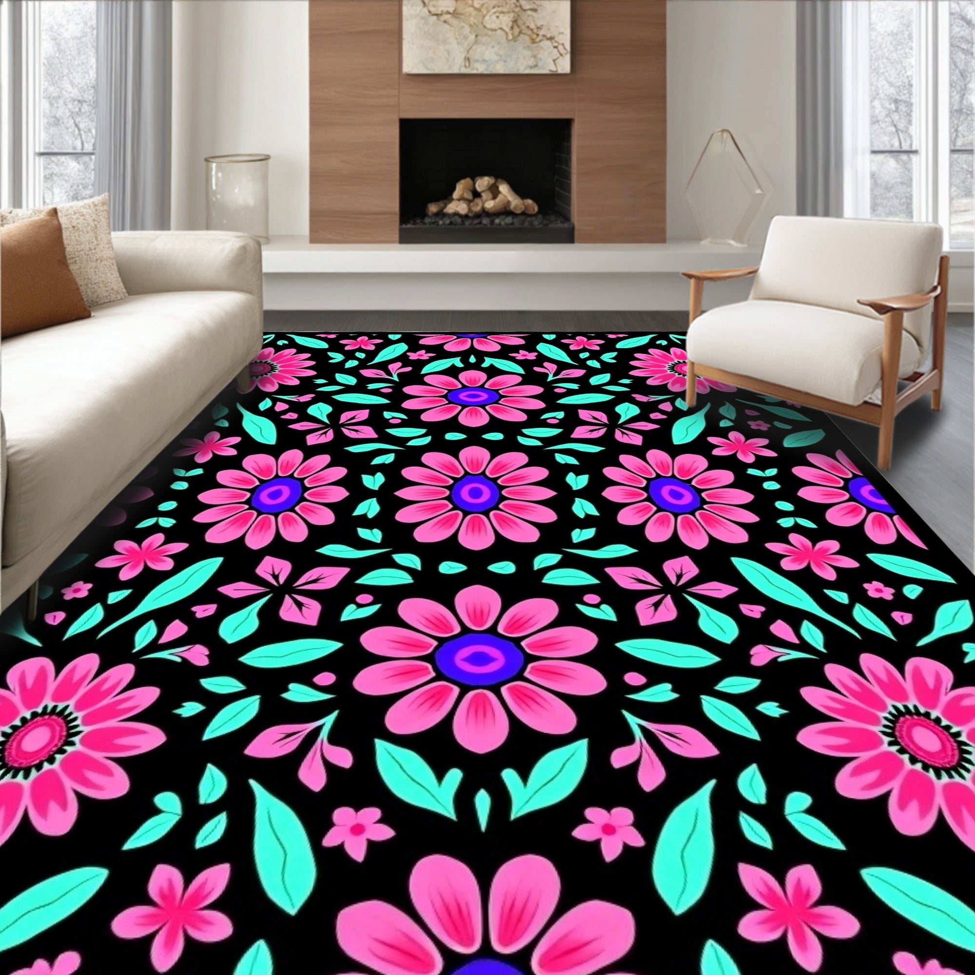 Vibrant Pink Floral Black Ground Rug