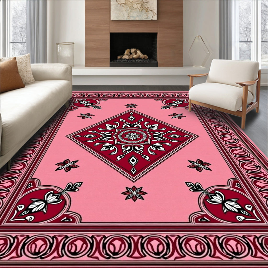 Pink Red Floral Medallion Diamond Rug