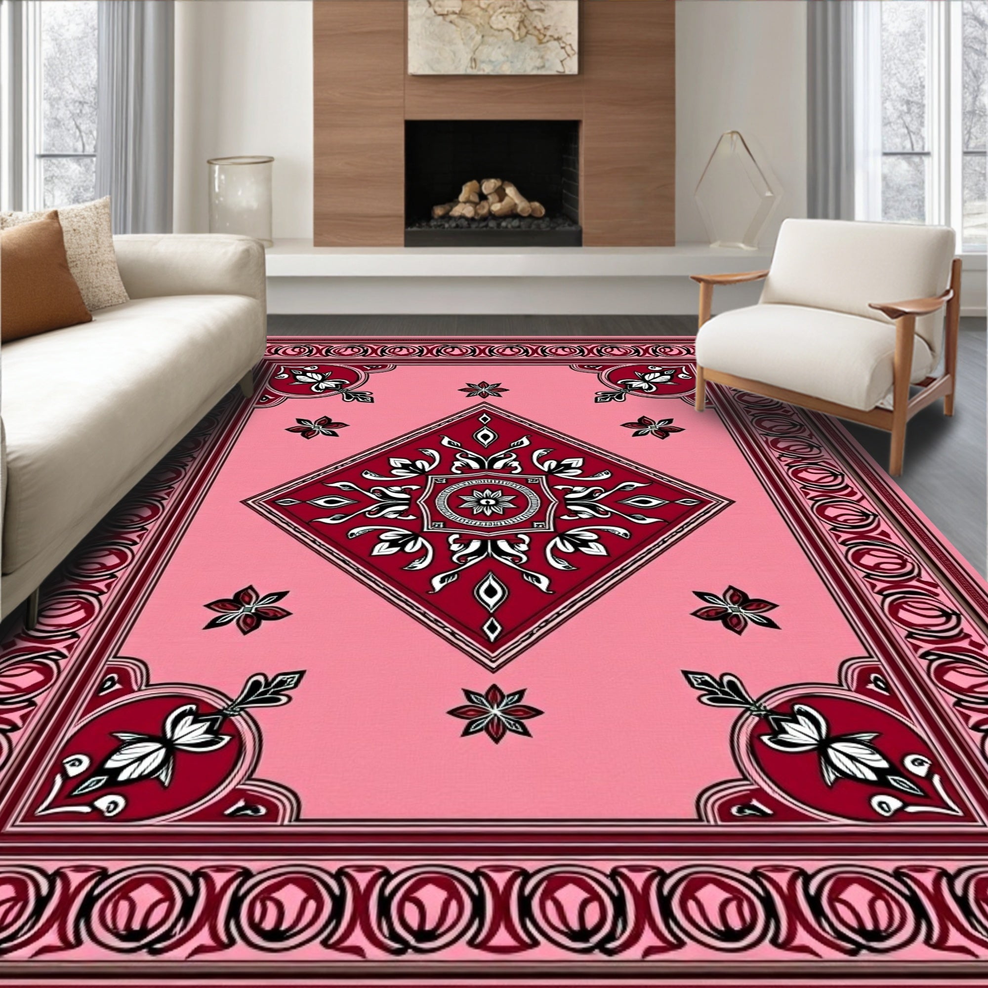 Pink Red Floral Medallion Diamond Rug