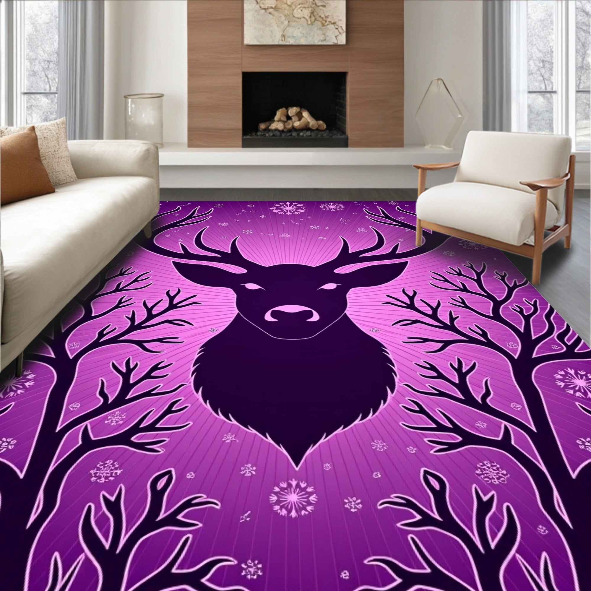 Deep Purple Majestic Deer Winter Woods Rug