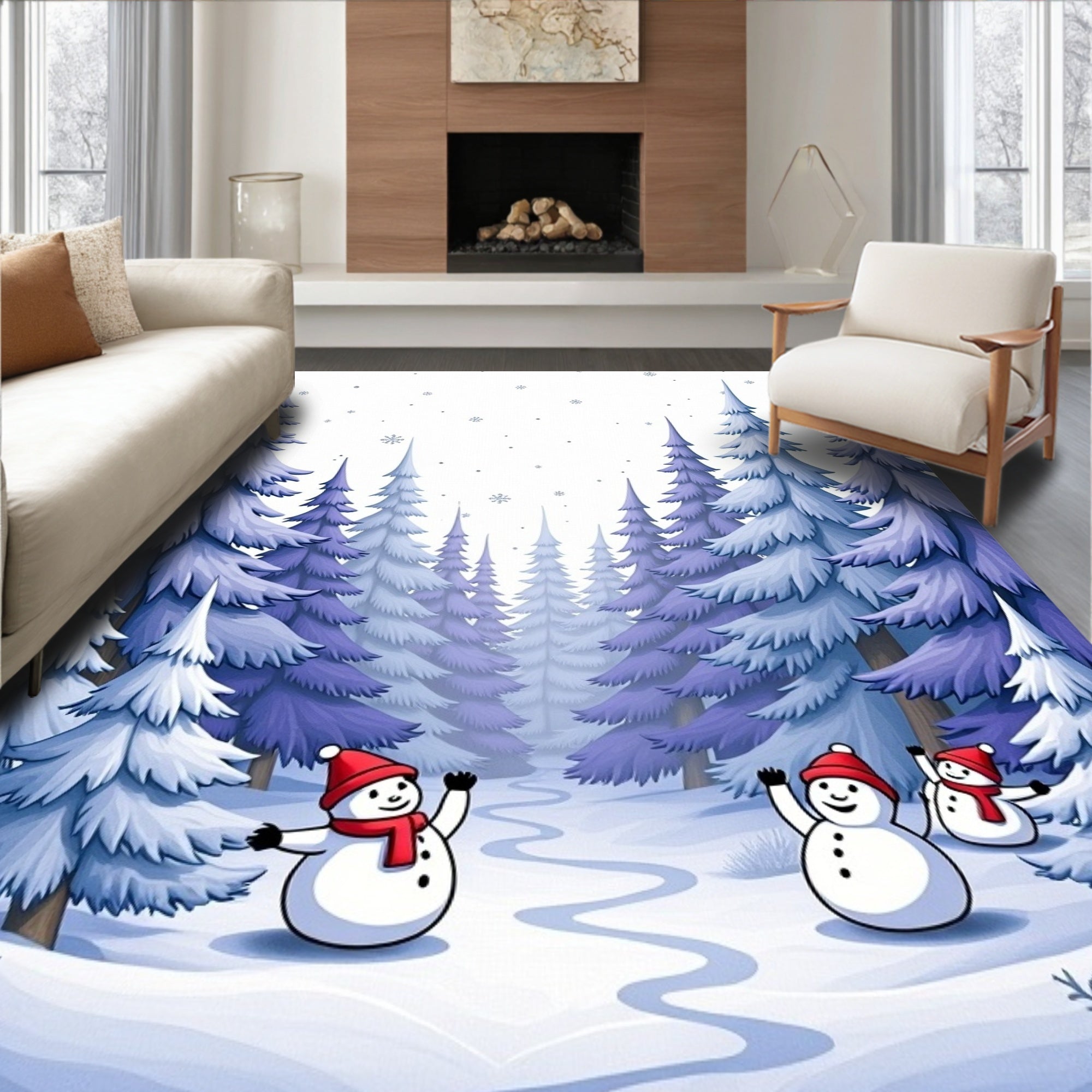 Winter Forest Snowman Snowfall Scene Rug