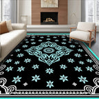 Black Turquoise Floral Mandala Border Rug