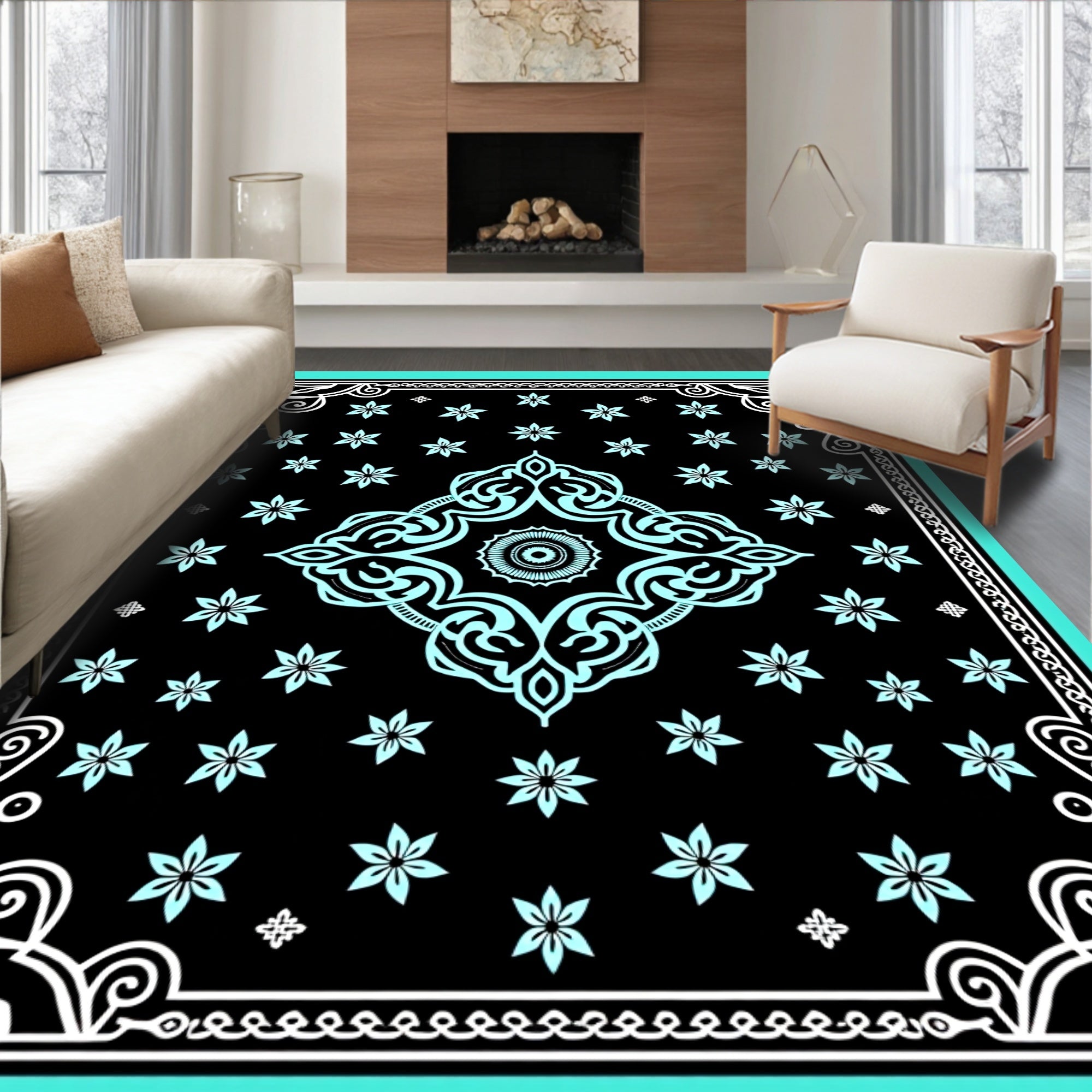 Black Turquoise Floral Mandala Border Rug