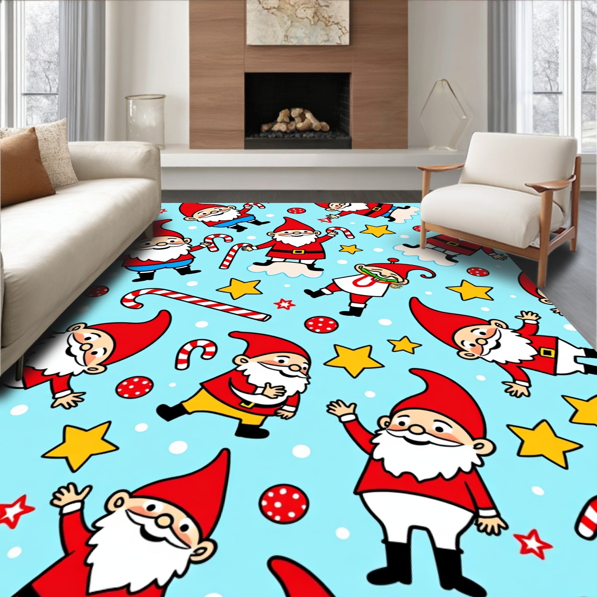Cute Christmas Gnomes Candy Cane Stars Rug