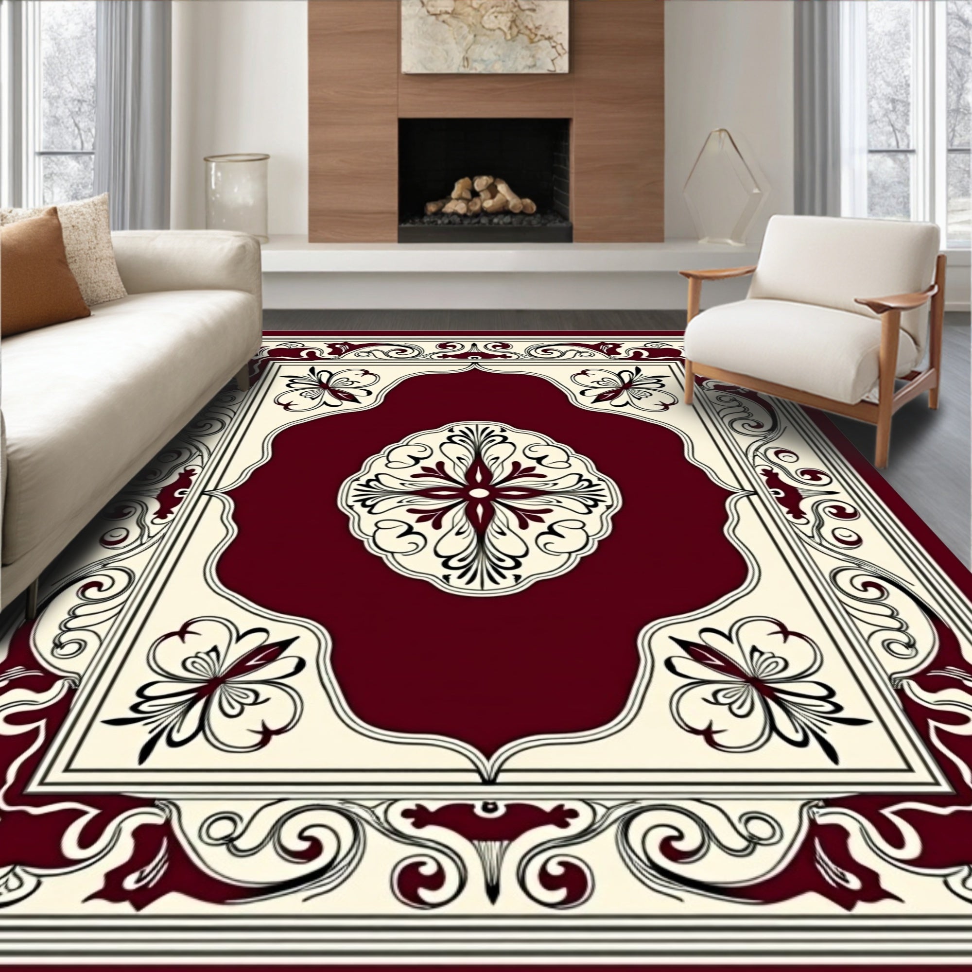 Crimson Floral Medallion Art Rug