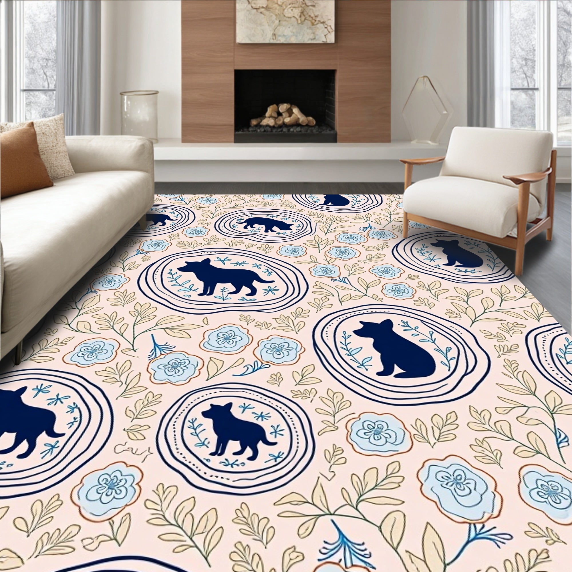 Navy Dog Floral Medallion Cream Rug