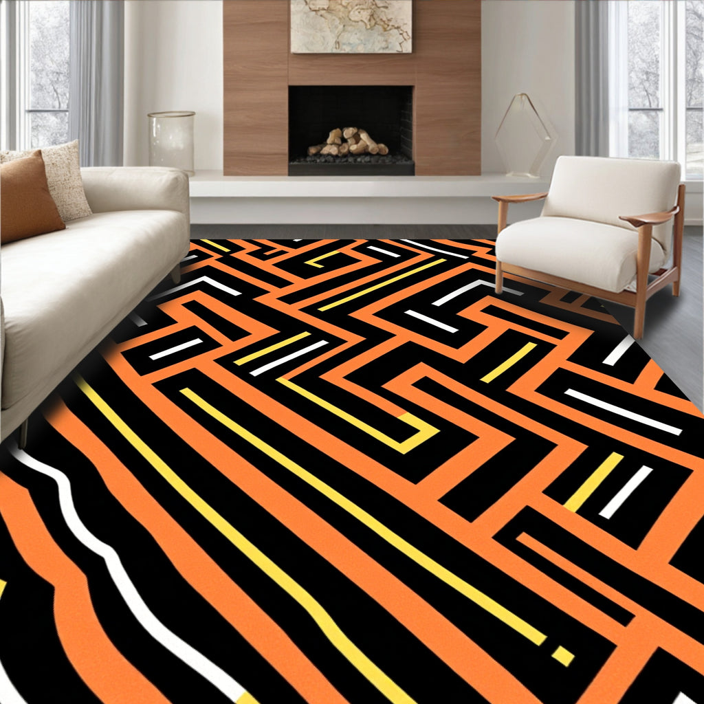 Modern Orange Black Geometric Labyrinth Rug