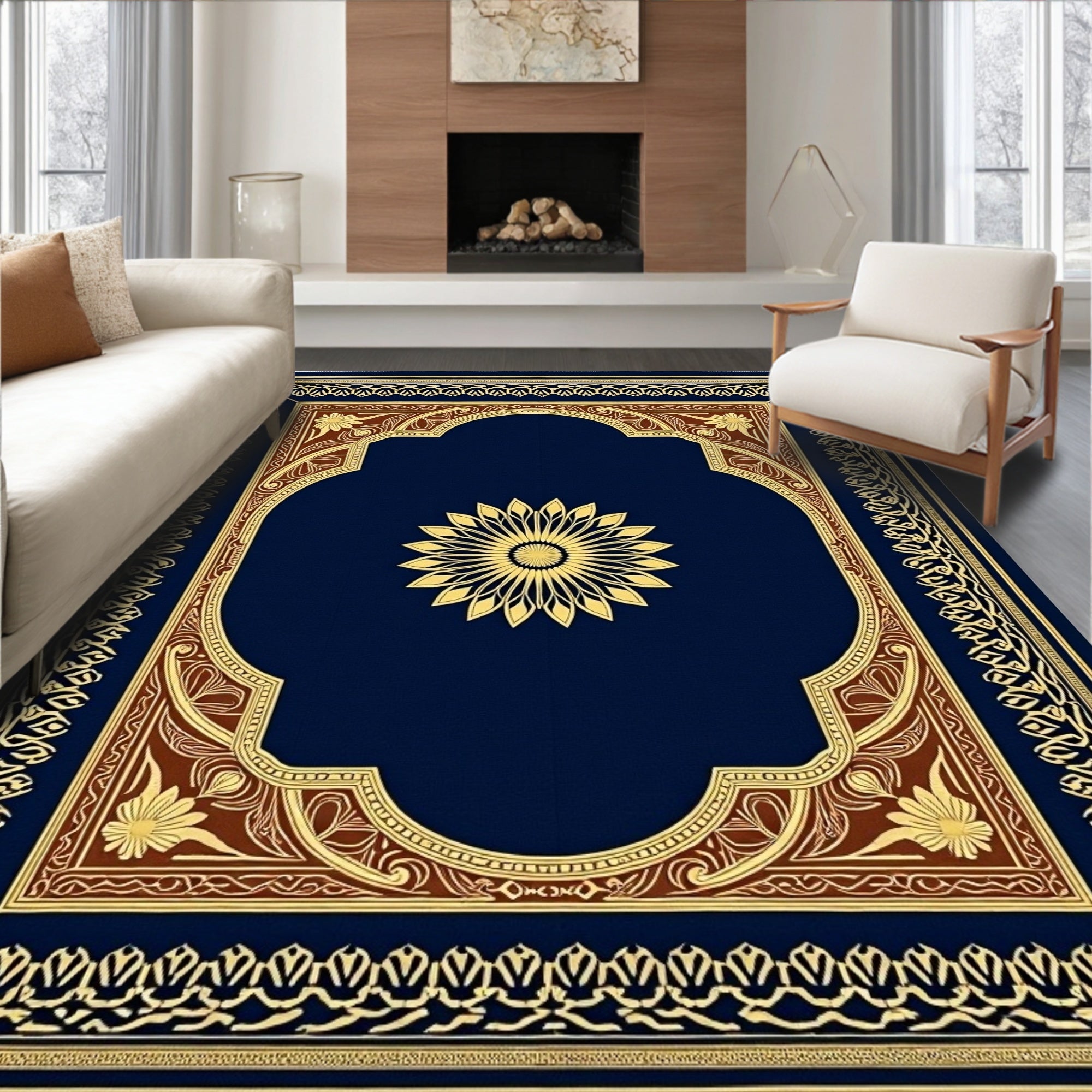 Gold Sunburst on Navy Traditional Medallion Rug
