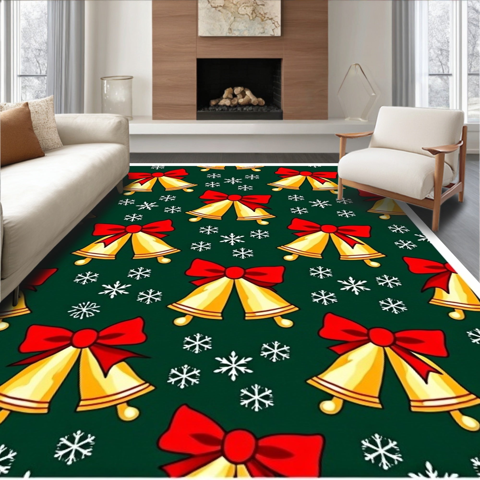 Golden Bells Red Bow Snowflake Shower Rug