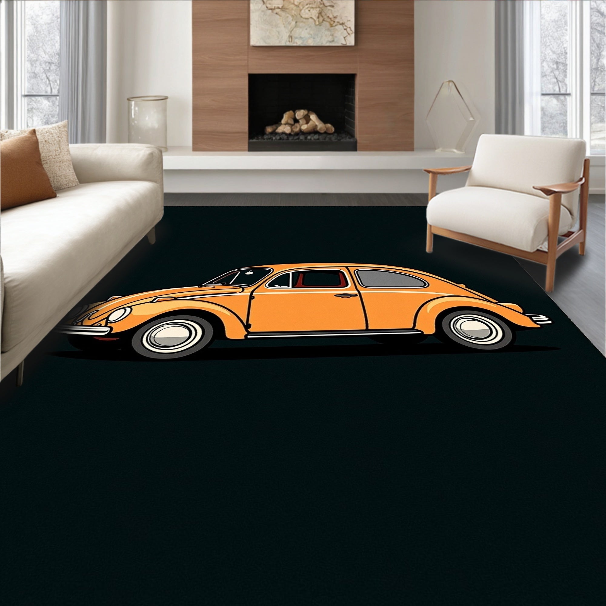 Retro Orange Beetle Car Illustration Rug