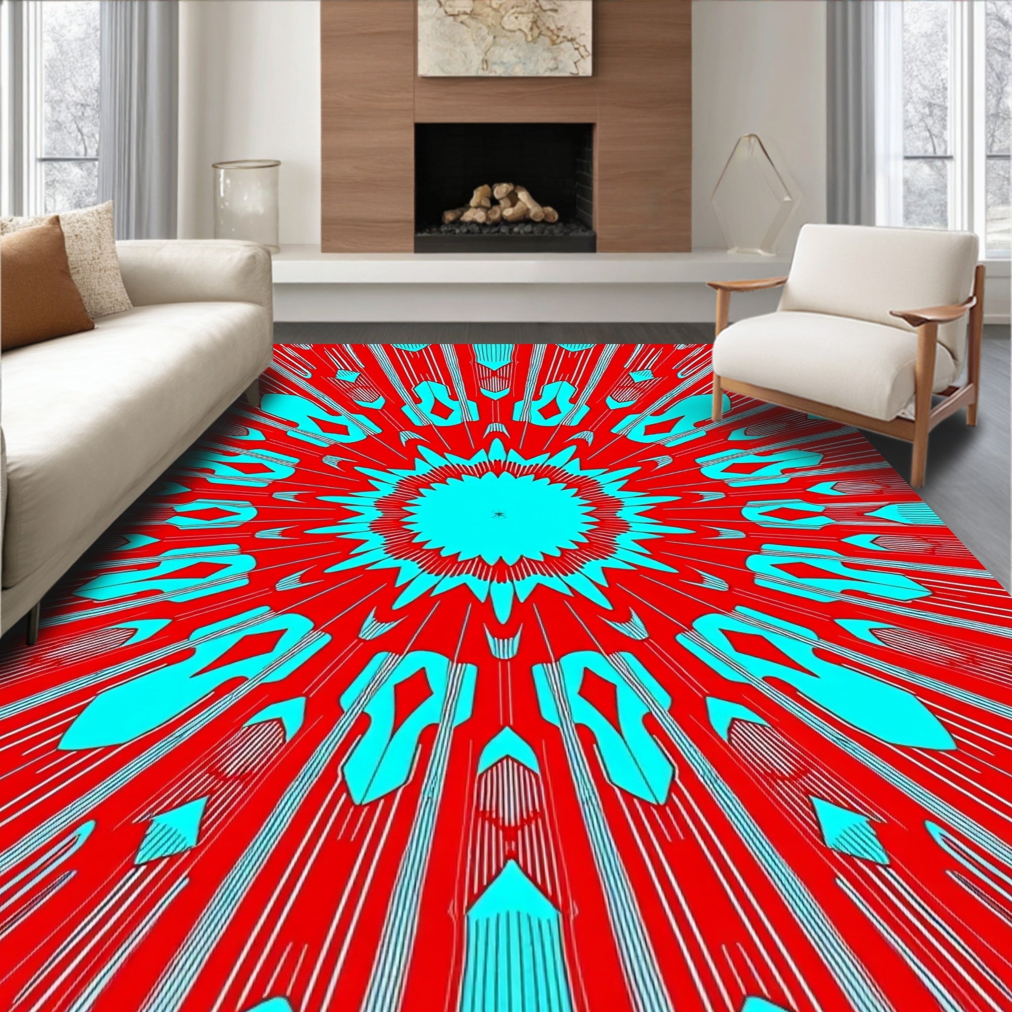 Vibrant Red Cyan Radial Explosion Rug