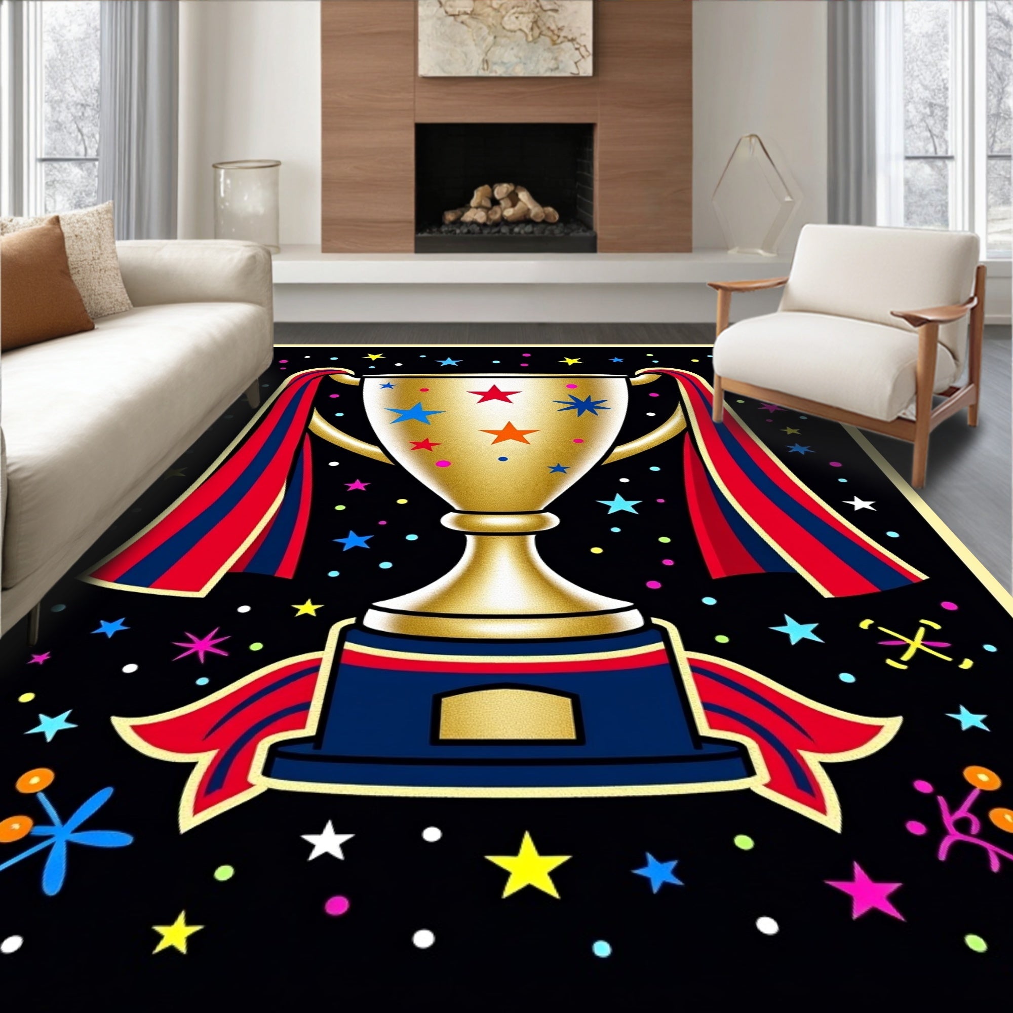 Golden Trophy With Stars And Ribbons Rug