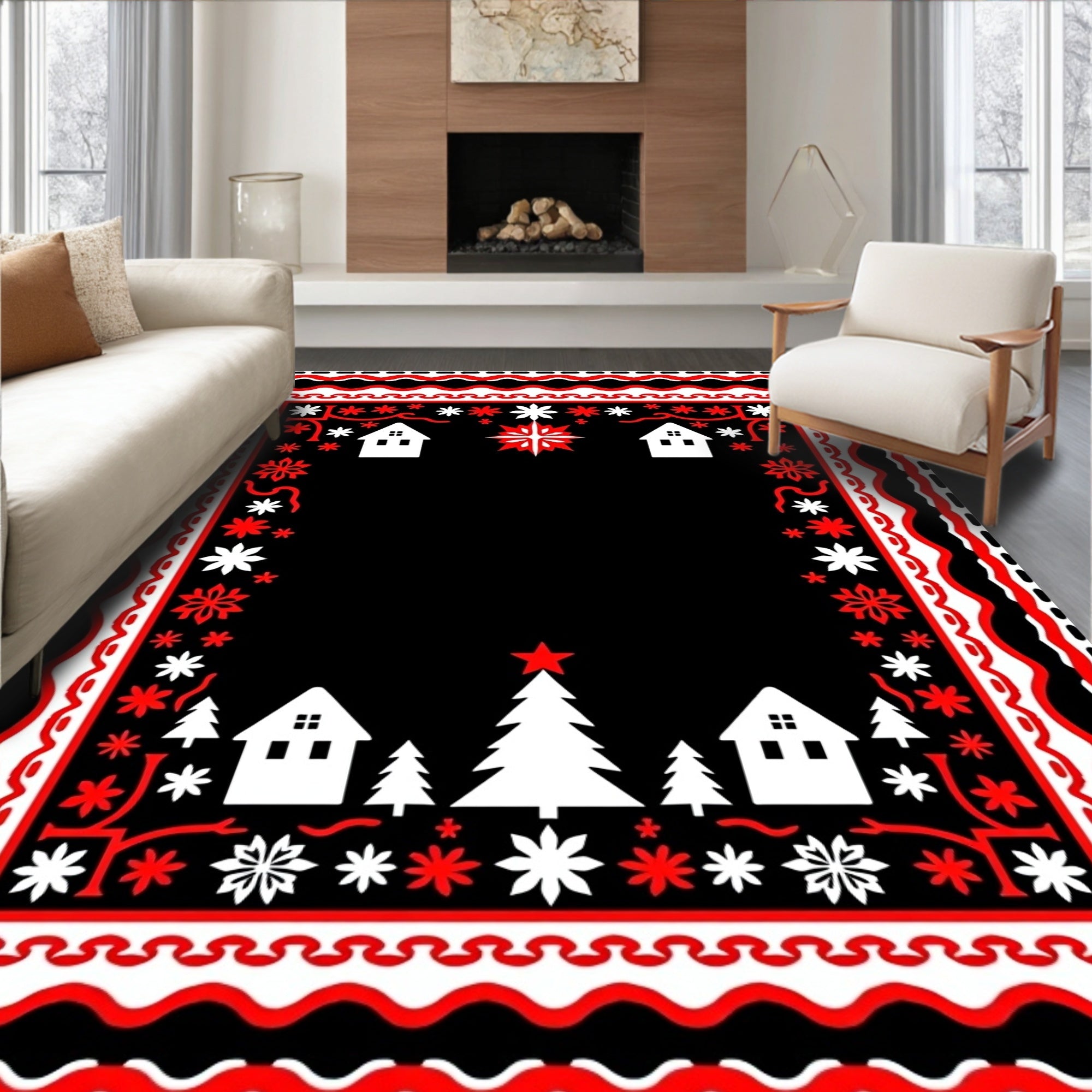 Red White Snowy Village Border Rug