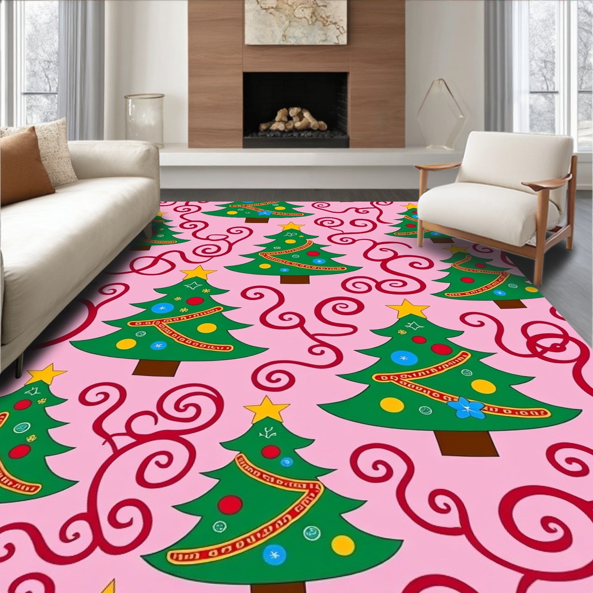 Whimsical Pink Christmas Tree Swirls Rug