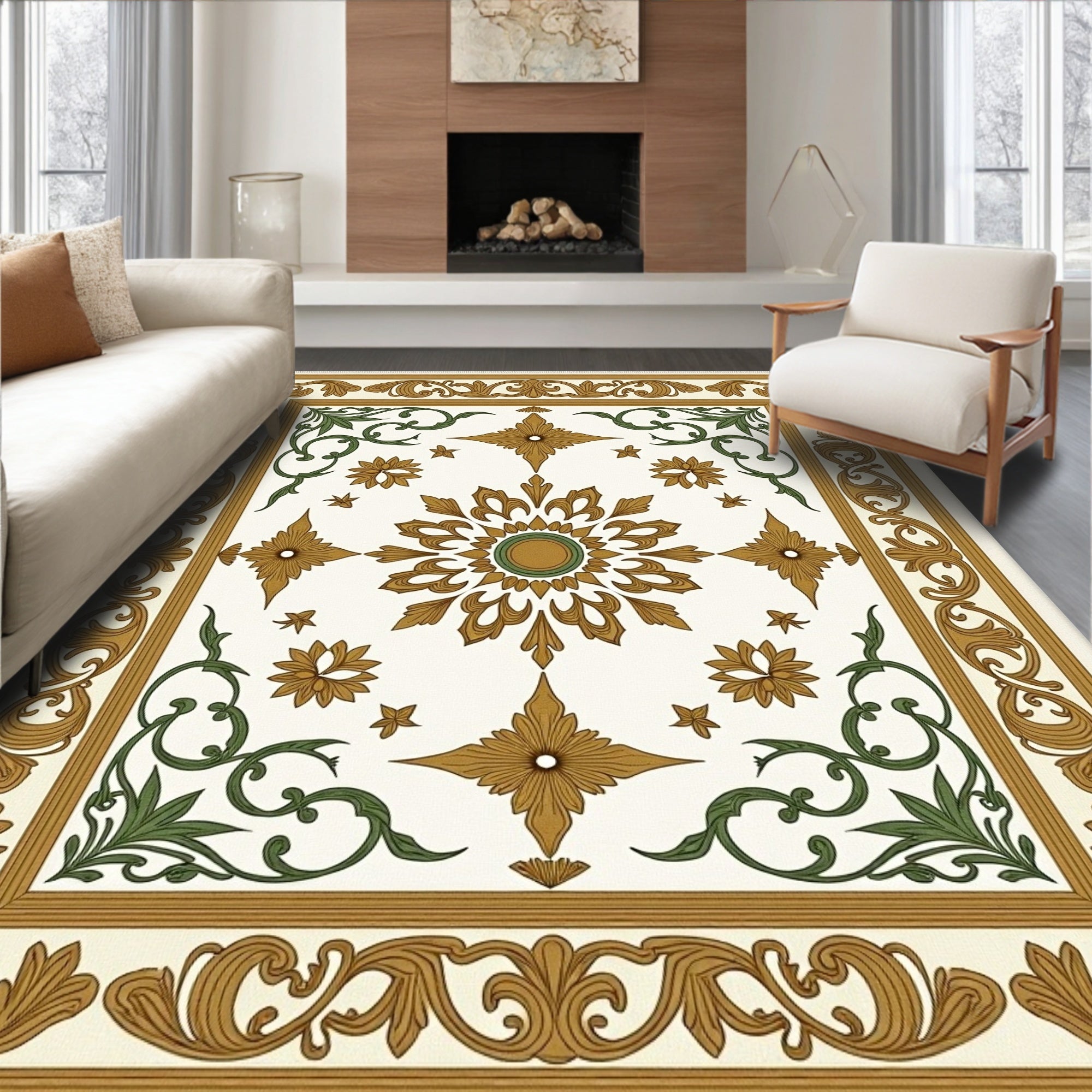 Golden Green Scrollwork Medallion Rug