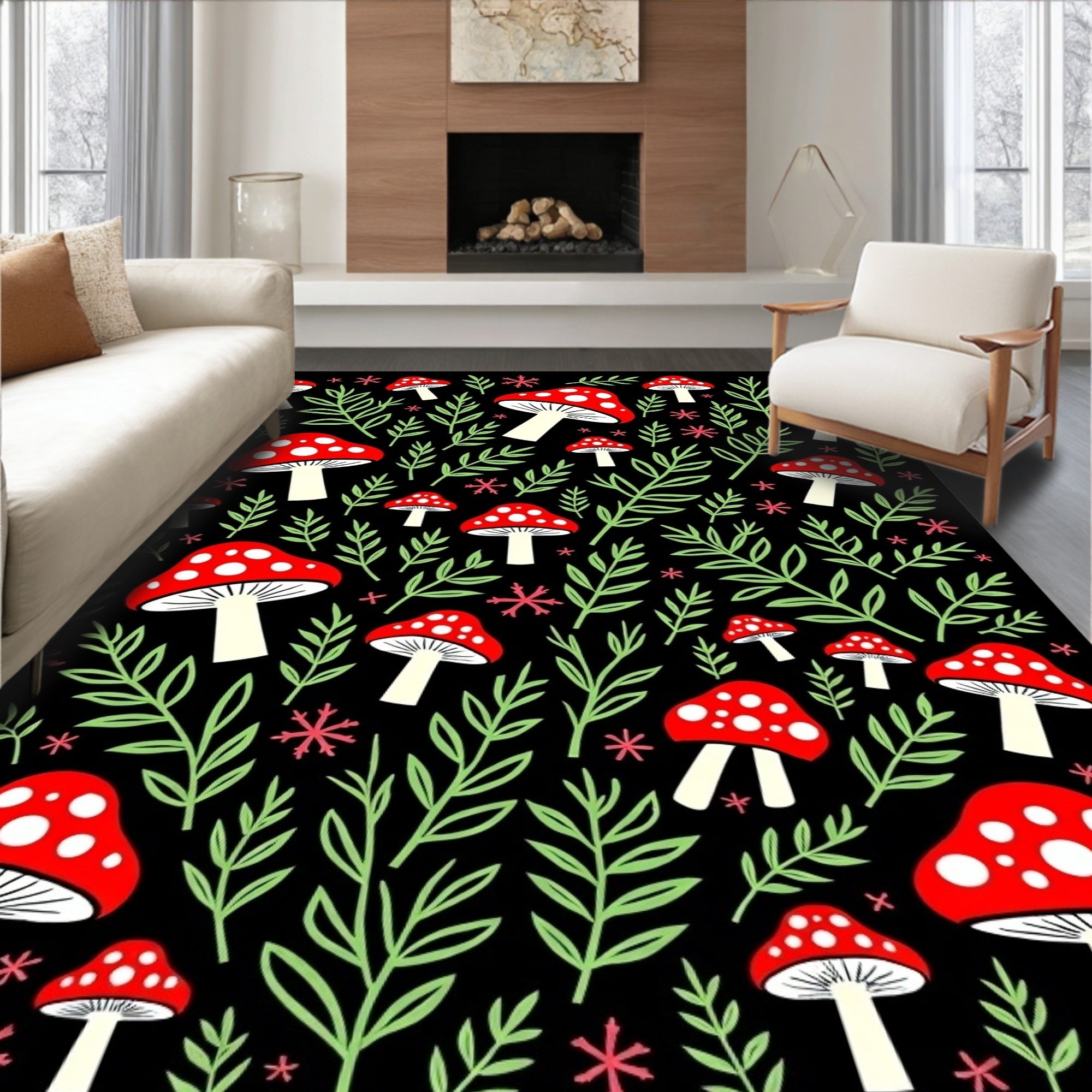 Whimsical Red Mushroom Foliage Rug