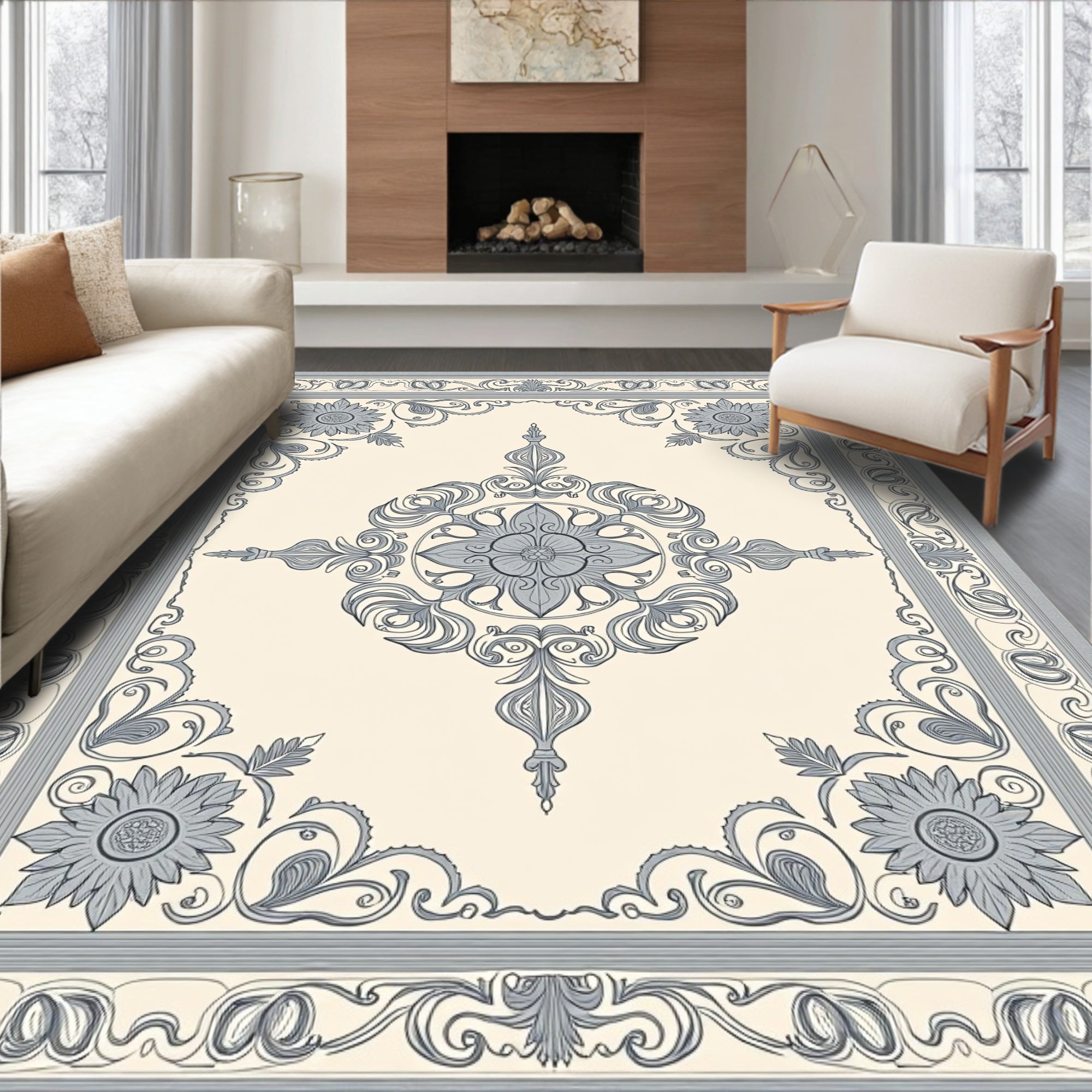 Antique Blue Ornate Floral Scroll Rug
