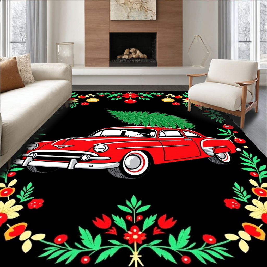 Red Vintage Car Christmas Tree Garland Rug