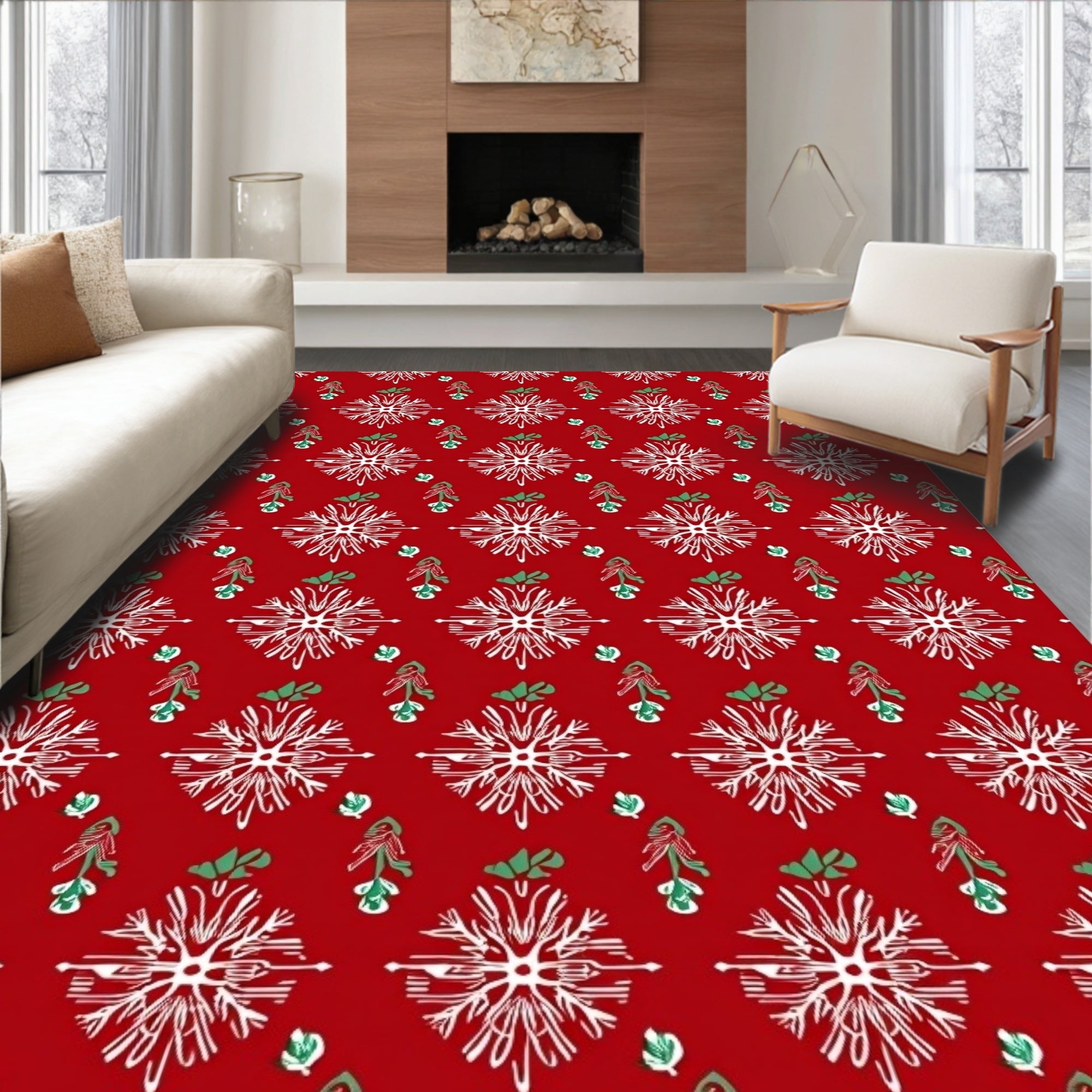 Red Snowflake Festive Leaf Medallion Rug